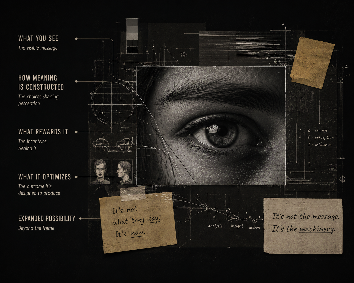 A working study of a message: an eye, schematics, and annotated notes.